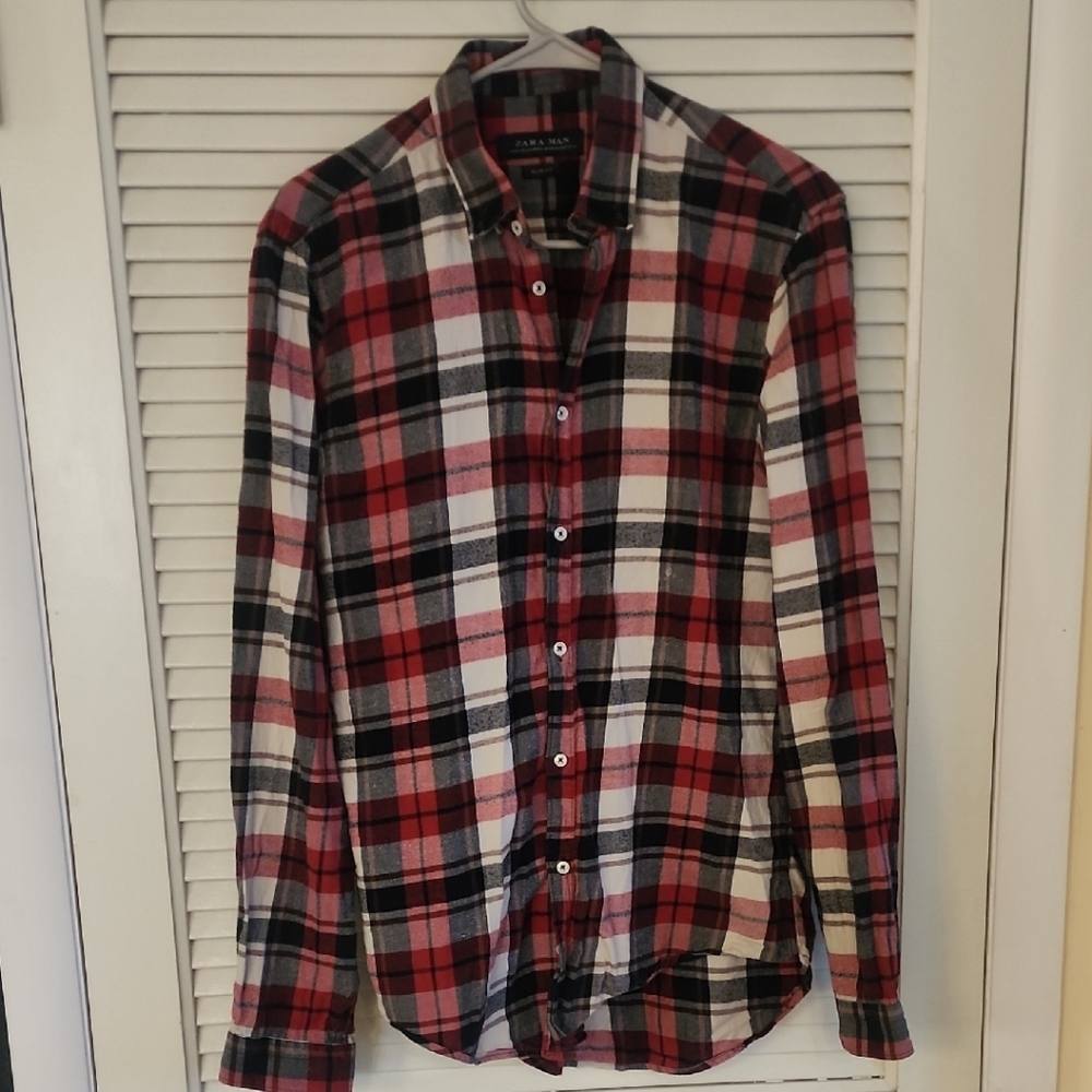Zara Red and Black Plaid Casual Shirt